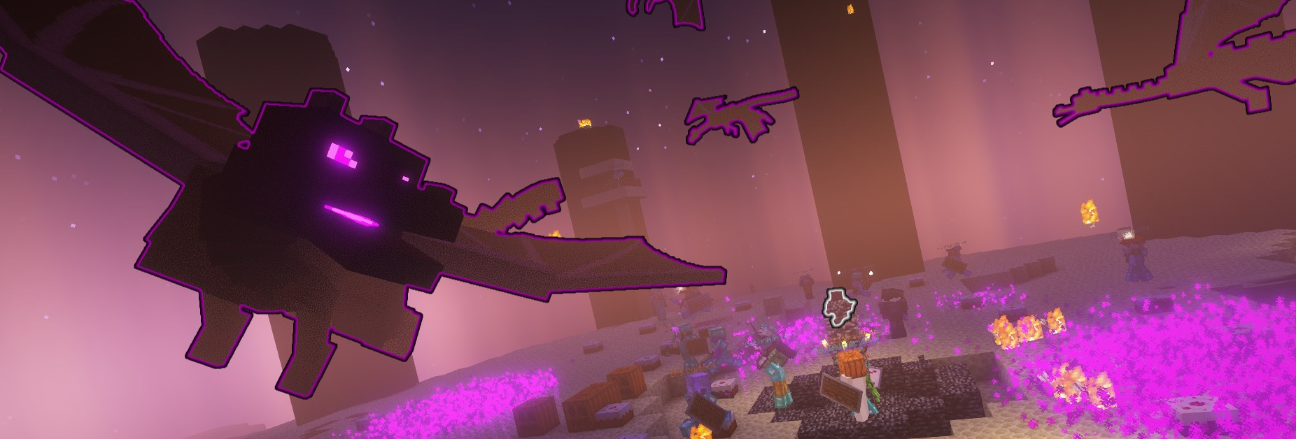 Minecraft screenshot of multiple Ender Dragons flying around while players shoot at them