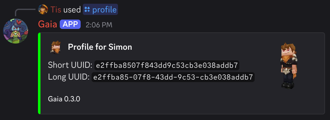 Discord screenshot of the Gaia bot showing Simon's Hytale profile