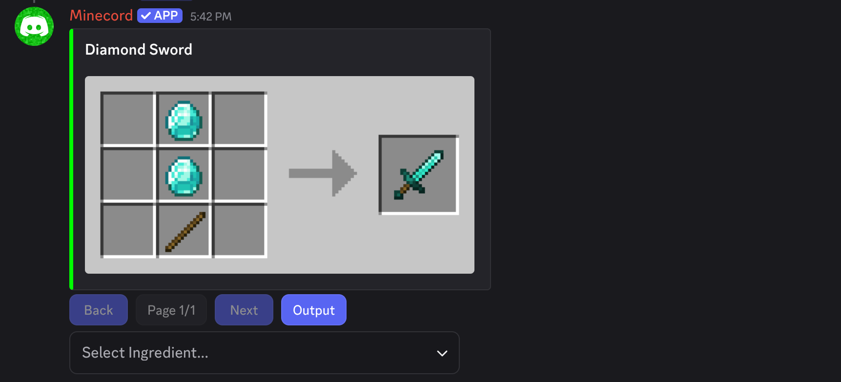 Discord screenshot of the Minecord bot showing the diamond sword recipe