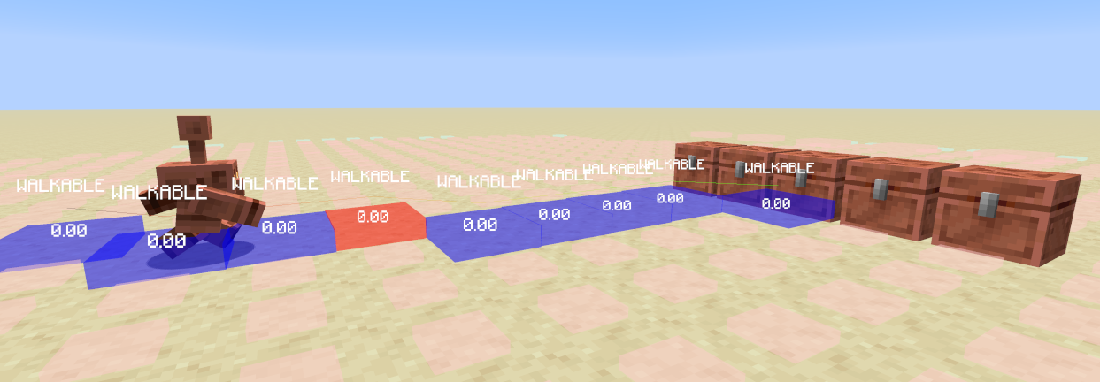 Minecraft screenshot of a copper golem walking towards a copper chest with its path highlighted