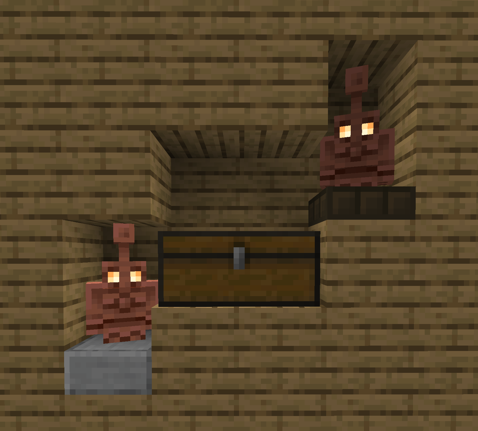 Two copper golems next to a chest, one is standing on a slab one block below the chest, the other is standing on a daylight detector one block above the chest