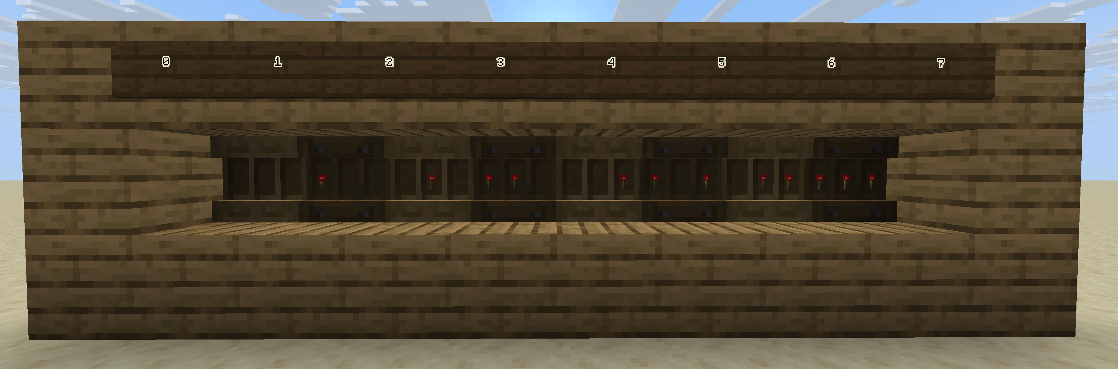 Eight shelves in a row, containing the following items from left-to-right (where 0 represents no item and 1 represents an item): 000, 100, 010, 110, 001, 101, 011, 111; corresponding to signal strengths 0-7 respectively