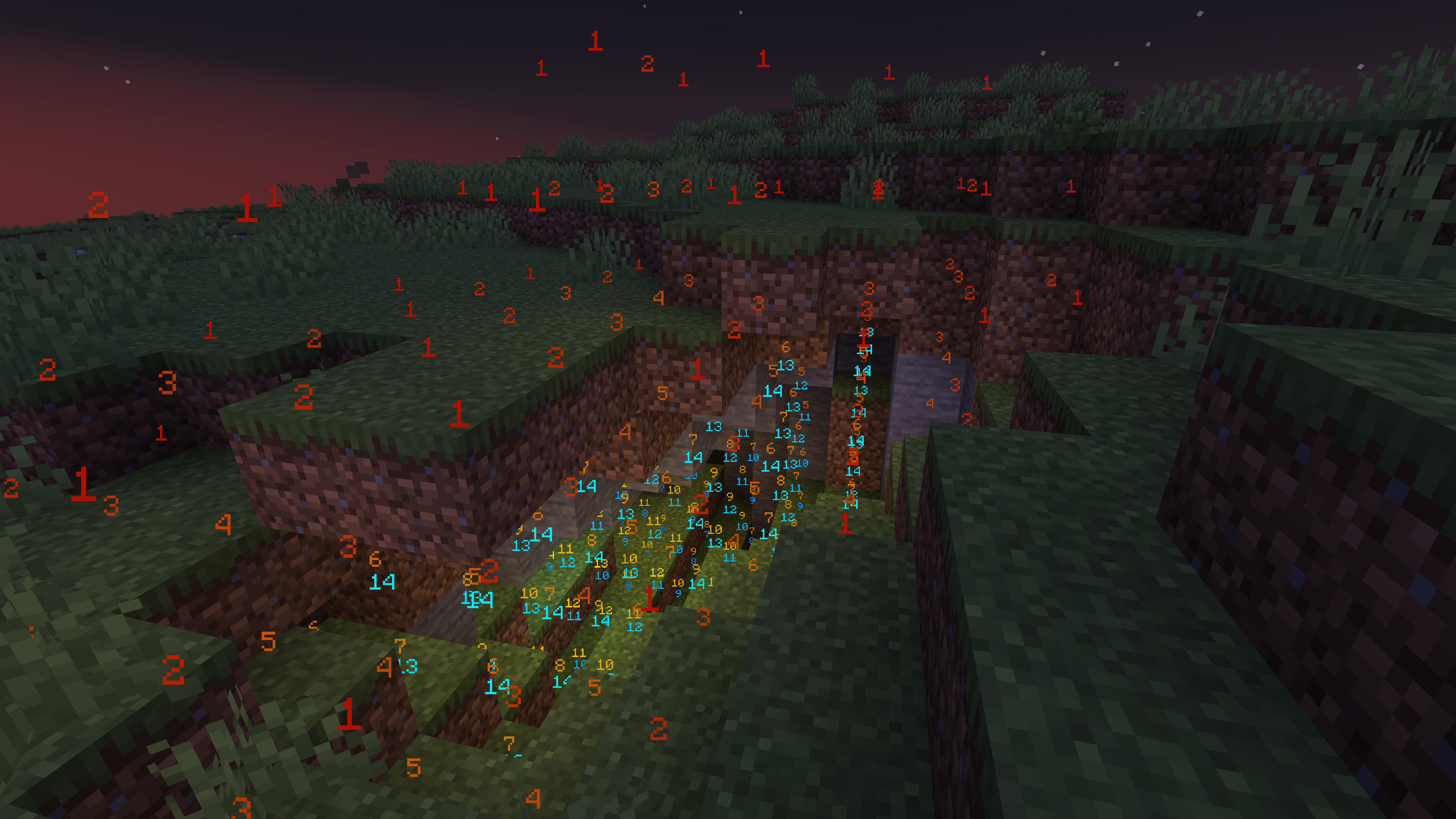 A screenshot showing several red and blue floating numbers